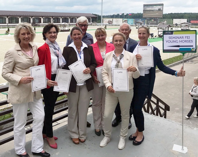 The seven judges with course directors Leif Tornblad and Dieter Schüle in the background at Maxima Park in Moscow