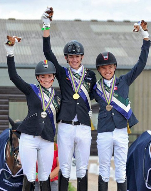 The individual test podium at the 2018 European Pony Championships before the recalculation: Jana Lang, Moritz Treffinger, Alexander Yde Helgstrand :: Photo © Equitaris