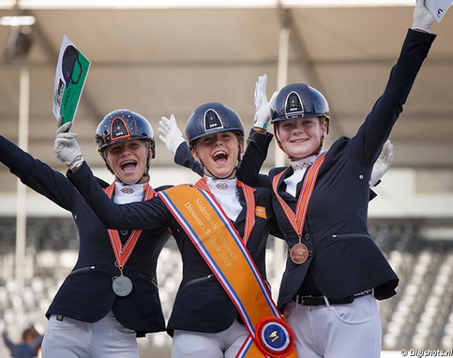 Lara van Nek, Sanne Buijs, Sanne van der Pols on the Children's podium at the 2018 Dutch Championships :: Photo © Digishots