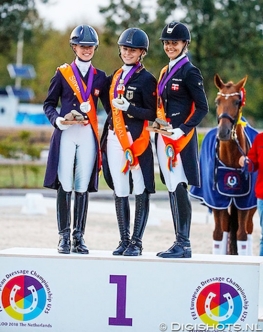 The Short Grand Prix test podium at the 2018 European Under 25 Championships: Charlotte Fry, Jil-Marielle Becks and Victoria Vallentin :: Photo © Digishots