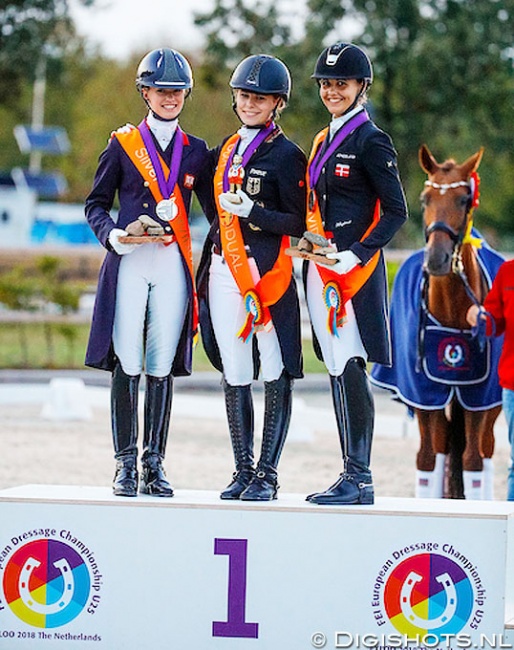 The Short Grand Prix test podium at the 2018 European Under 25 Championships: Charlotte Fry, Jil-Marielle Becks and Victoria Vallentin :: Photo © Digishots