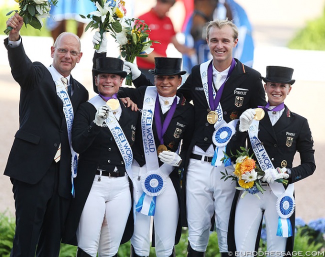The German team wins gold: Team caption Klaus Roeser with Werth, Schneider, Rothenberger, and Von Bredow-Werndl :: Photo © Astrid Appels
