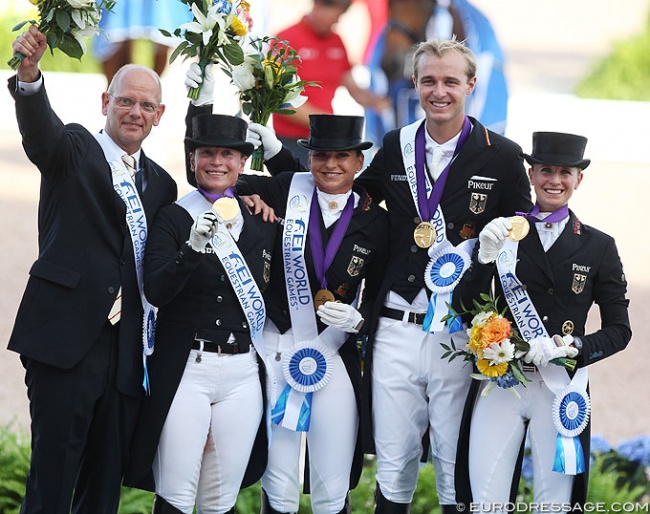 The German team wins gold: Team caption Klaus Roeser with Werth, Schneider, Rothenberger, and Von Bredow-Werndl :: Photo © Astrid Appels