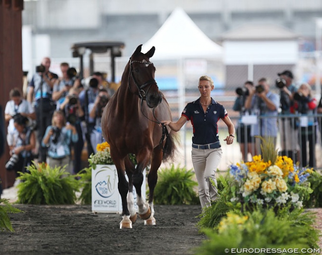 Lots of media attention for the horse inspection at the 2018 World Equestrian Games. Laura Graves trots up Verdades :: Photo © Astrid Appels