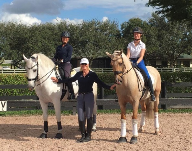 Charlotte Bredahl teaching riders on PRE's at Hampton Green Farm in Wellington, FL.