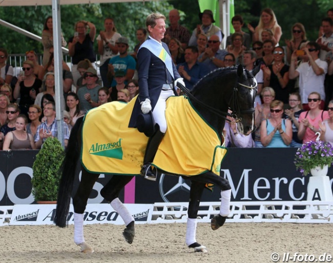 British Olympian Emile Faurie won the Hamburg Dressage Derby with horse change finals. Here he rides Bianca Kasselmann's Escada :: Photo © LL-foto