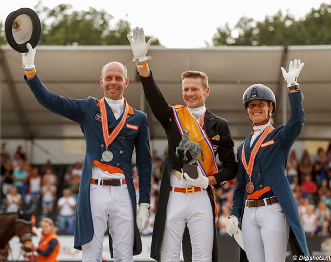 Hans Peter Minderhoud, Edward Gal and Adelinde Cornelissen on the podium at the 2018 Dutch Grand Prix Championships :: Photo © Digishots