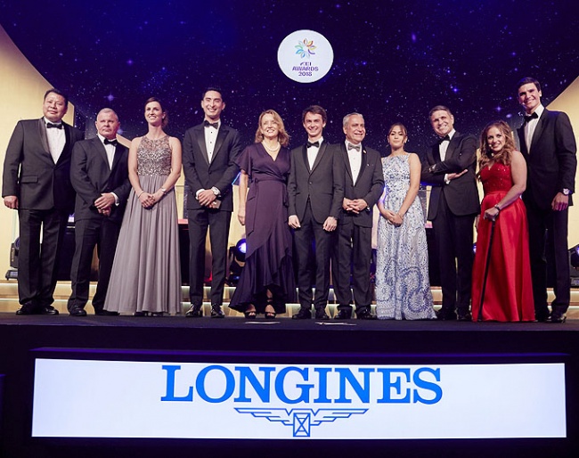 FEI Awards winners (L to R): Philip Wong 8CHN), Lee McKeever (USA), Simone Blum (GER), Alex Hua Tian (CHN) FEI Secretary General Sabrina Ibanez (SUI)m Victor Levecque (FRA), FEI President Ingmar De Vos (BEL), Leila Malki (PLE), Juan Carlos Capelli Vice President of Longines and Head of International Marketing, Natasha Baker (GBR), Juan Matute Guimon (ESP) 