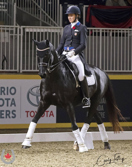 American Olympian, Adrienne Lyle expertly guided Daedalus, owned by Gail Tittley and trained successfully to the small tour level by Canadian Maya Markowski, to ultimately win the inaugural Canadian Dressage Derby at the Royal Horse Show :: Photo © Cealy Tetley