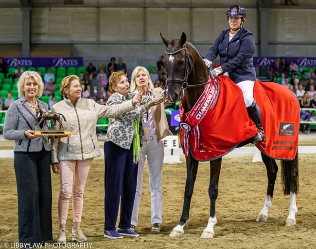 Judge Maja Stukelj (second left) with the 2019 New Zealand Young Horse Champion of Champions: Quendrix :: Photo © Libby Law