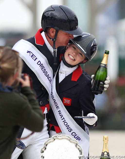 Brits Gareth Hughes and Charlotte Fry celebrate on the podium after winning the Nations Cup leg at the 2019 CDIO Compiegne :: Photo © Astrid Appels