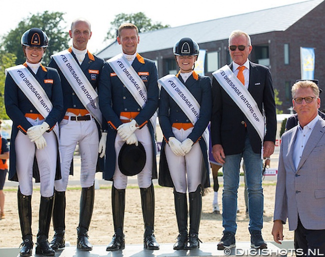 Team Holland with Scholtens, Minderhoud, Gal and Meulendijks win the 2019 CDIO Geesteren Nations Cup. Team captain Alex van Silfhout and sponsor Lens Nekeman flank them :: Photo © Digishots
