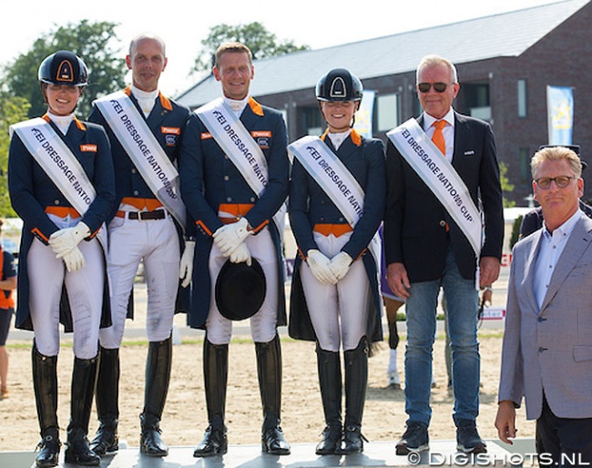 Team Holland with Scholtens, Minderhoud, Gal and Meulendijks win the 2019 CDIO Geesteren Nations Cup. Team captain Alex van Silfhout and sponsor Lens Nekeman flank them :: Photo © Digishots