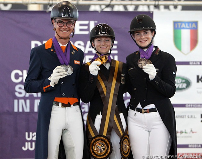 Marten Luiten, Jana Schrödter, Valentina Pistner on the Junior Kur Podium at the 2019 European Youth Riders Championships :: Photo © Astrid Appels