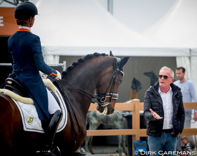 Dutch team trainer Alex van Silfhout working with Adelinde Cornelissen on Zephyr at the 2019 Dutch Championships :: Photo © Dirk Caremans