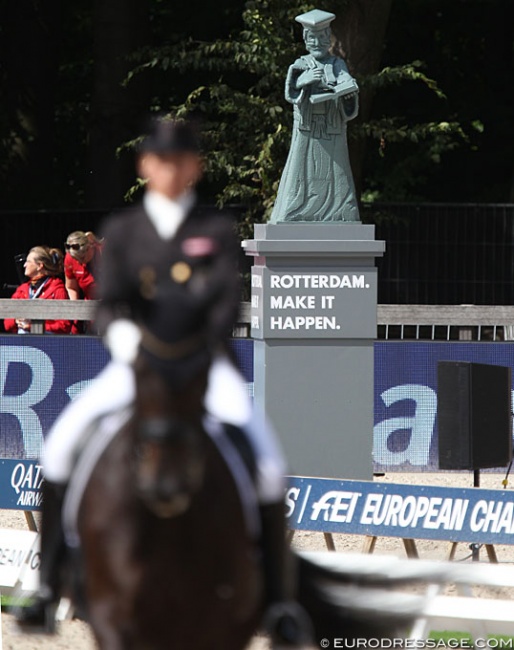 Erasmus, the Christian Humanist and greatest scholar of the northern Renaissance, overlooks the dressage arena in Rotterdam :: Photo © Astrid Appels