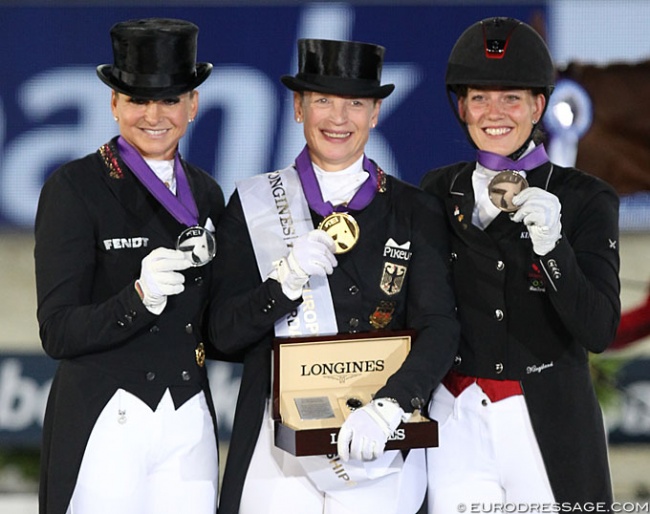 Dorothee Schneider, Isabell Werth and Cathrine Dufour on the Grand Prix Special podium at the 2019 European Dressage Championships