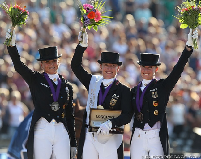 Dorothee Schneider, Isabell Werth and Jessica von Bredow-Werndl make the Kur podium at the 2019 European Dressage Championships :: Photo © Astrid Appels