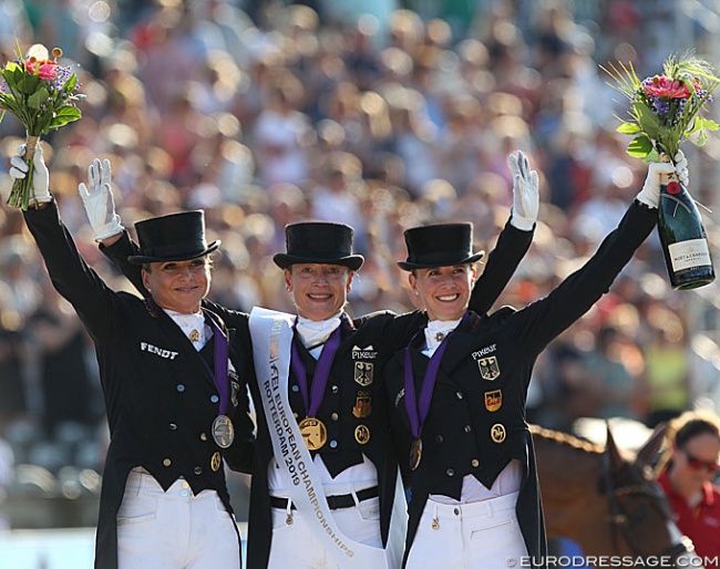 Dorothee Schneider, Isabell Werth and Jessica von Bredow-Werndl on the Grand Prix Kur podium at the 2019 European Dressage Championships