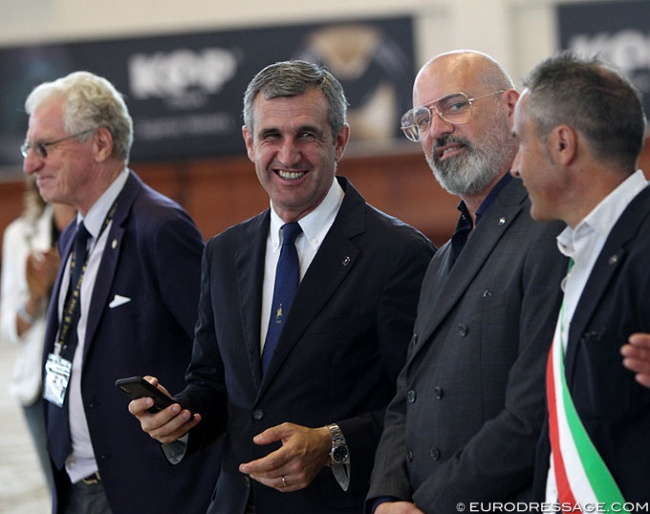 Show director Cesare Croce, FISE president Marco di Paola, Emilia Romagna president Stefano Banaccini, Cattolica mayor Morelli at the prize giving ceremony for the 2019 European CH-JYR-U25 Championships in San Giovanni :: Photo © Astrid Appels