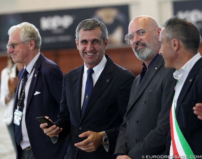 Show director Cesare Croce, FISE president Marco di Paola, Emilia Romagna president Stefano Banaccini, Cattolica mayor Morelli at the prize giving ceremony for the 2019 European CH-JYR-U25 Championships in San Giovanni :: Photo © Astrid Appels