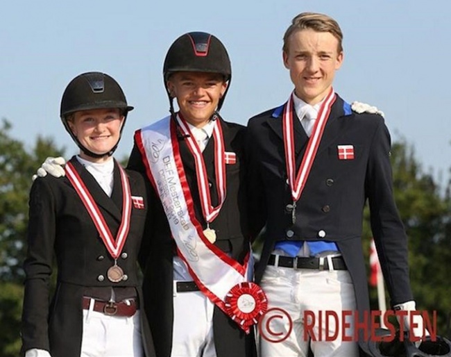 Sara Aagaard Hyrm, Alexander Yde Helgstrand and Anders Uve Sjøbeck Hoeck on the junior podium at the 2019 Danish Junior/Young Riders Championships :: Photo © Ridehesten