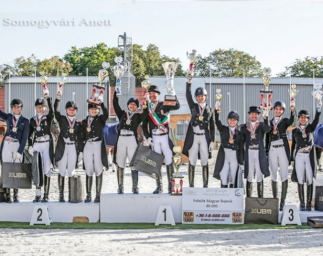The complete podium of all medal winners at the 2019 Hungarian Dressage Championships :: Photo © Anett Somogyvari