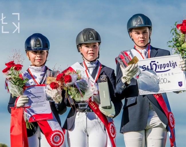 Natalia Plata, Taja Zoll, Dionizy Polikowski make the children's podium at the 2019 Polish Dressage Championships :: Photo © Lukasz Kowalski