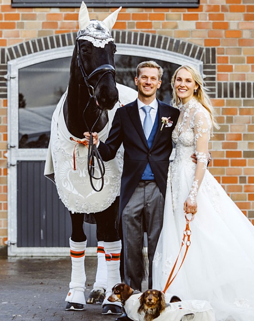 Nikolas Kröncke with San Royal and Kathleen Keller. Horse, bride and dogs decked out in an Anna Klose custom wedding outfit