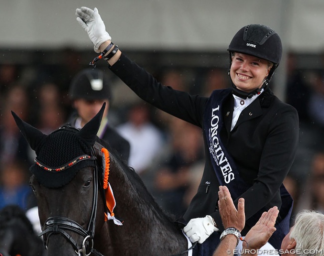 Ann-Christin Wienkamp winning gold at the 2017 World Young Horse Championships :: Photo © Astrid Appels