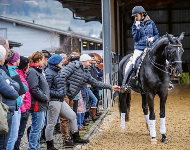 Birgit Wientzek-Pläge on Dolce Vita, explaining the use of spurs to the audience :: Photo © Katja Stuppia