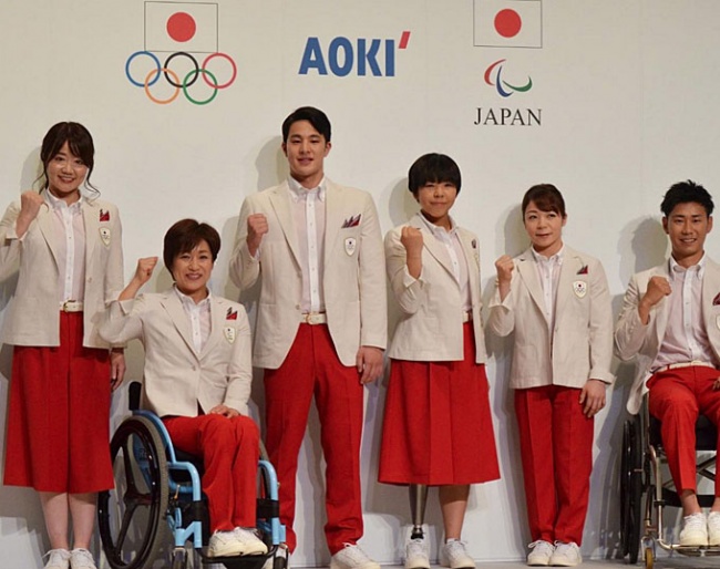 Akane Kuroki (left) and other Japanese athletes showcase the official outfit for the 2020 Olympics and Paralympics in Tokyo