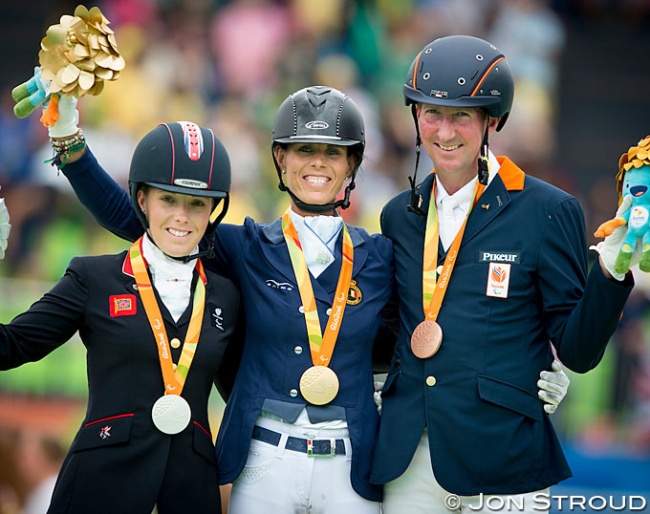 Sophie Wells, Michele George and Frank Hosmar on the podium at the 2016 Paralympics in Rio :: Photo © Jon Stroud