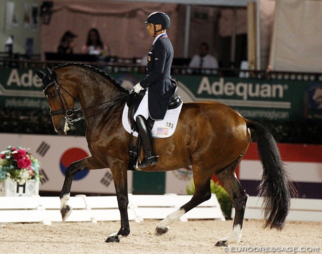 Steffen Peters and Suppenkasper competing in the 5* Grand Prix under the floodlights at the 2020 CDI Wellington :: Photo © Astrid Appels