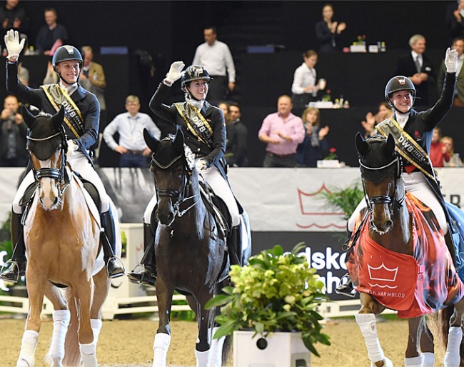 Is this Denmark's team for Tokyo? Bachmann on Blue Hors Zepter, Kruth on Heiline's Danciera and Dufour on Bohemian :: Photo © Ridehesten