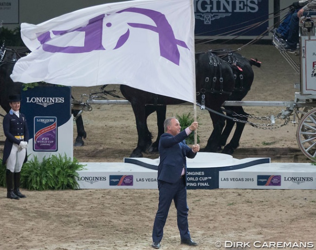 FEI President Ingmar de Vos waiving the FEI flag at the 2015 World Cup Finals :: Photo © Dirk Caremans