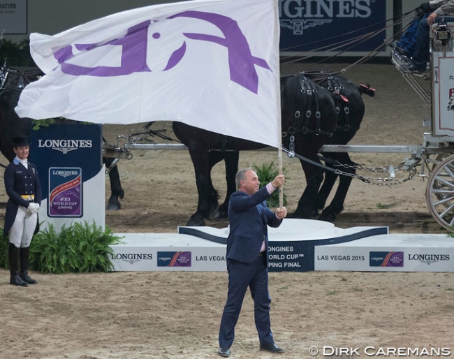 FEI President Ingmar de Vos waiving the FEI flag at the 2015 World Cup Finals :: Photo © Dirk Caremans