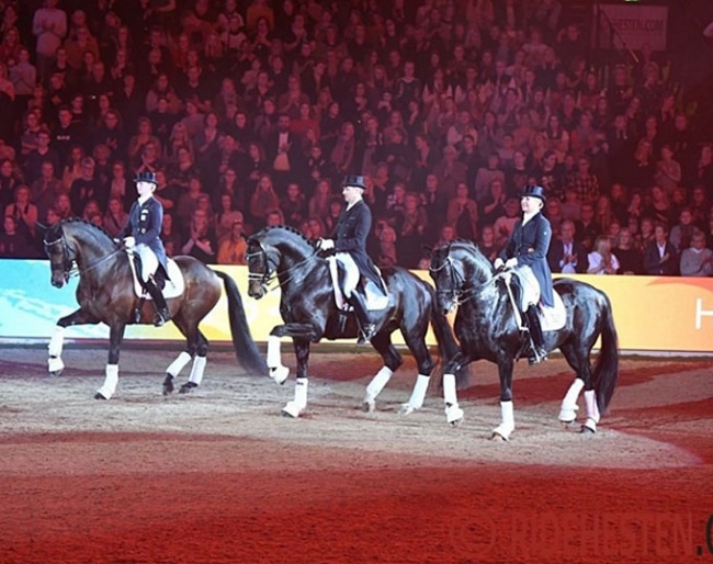 Nathalie zu Sayn-Wittgenstein on Blue Hors Zee Me Blue, Anne Van Olst on Diego and Andreas Helgstrand on Ferrari OLD at the gala show at the 2020 Danish Warmblood Stallion Licensing in Herning on 6 March :: Photo © Ridehesten