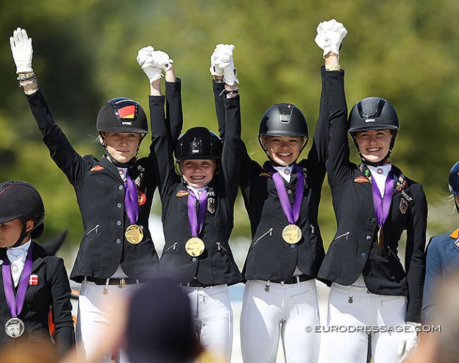 Lucie-Anouk Baumgürtel, Rose Oatley, Antonia Roth and Shona Benner win team gold for Germany at the 2020 European Pony Championships :: Photo © Astrid Appels