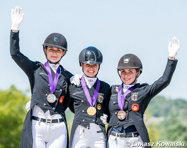 The Junior individual podium with Pistner, Middelberg, Land at the 2020 European Junior Riders Championships :: Photo © Lukasz Kowalski