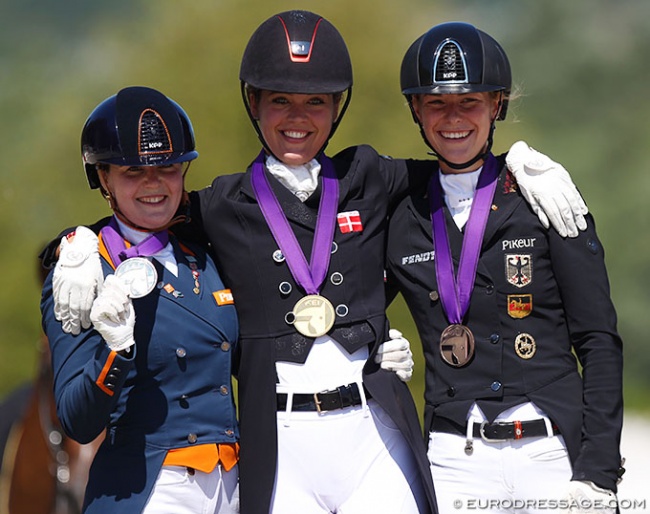 Jeanine NIeuwenhuis, Anne-Mette Strandby Hansen and Ann-Kathrin Lindner on the kur podium at the 2020 European Under 25 Championships :: Photo © Astrid Appels