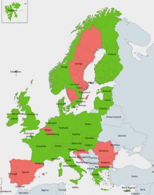 Norway's travel advice on 2 August 2020 in relation to the Covid-19 infection status. Hungary is marked green