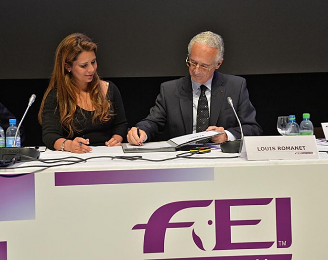 At the 2013 FEI General Assembly in Montreux then FEI President Princess Haya and IFHA Chairman Louis Romanet sign the agreement to establish the International Horse Sports Confederation 