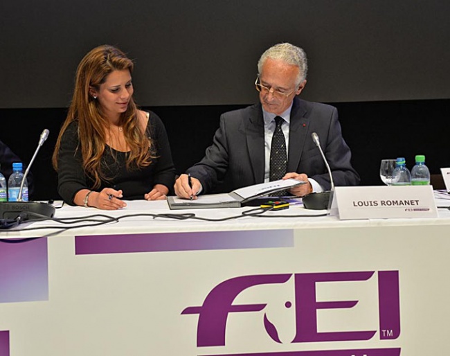 At the 2013 FEI General Assembly in Montreux then FEI President Princess Haya and IFHA Chairman Louis Romanet sign the agreement to establish the International Horse Sports Confederation