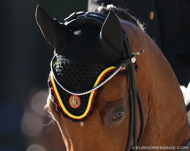 Logo of the Belgian Equestrian Federation (KBRSF) on a fly cap :: Photo © Astrid Appels