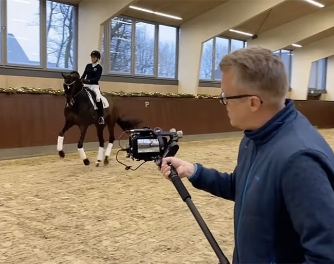 Nanna Skodborg Merrald and Blue Hors Zack getting videoed for the 2020 Blue Hors Christmas Video