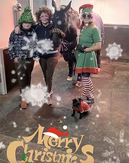 Merry Christmas from Isabell Werth, her son Frederik and top groom Steffi Wiegard