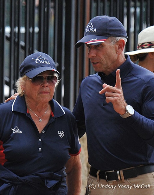 Michel Assouline speaks with Karin Flint at the 2020 National Championships.owner of Dolton ridden by Number one Para-Dressage rider in the world Roxanne Trunnell :: Photo by Lindsay Y. McCall