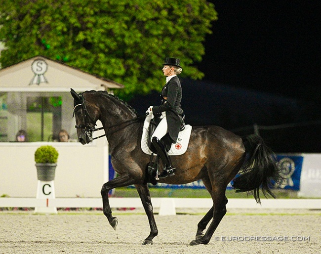 Jessica von Bredow-Werndl and Dalera BB competing under floodlight at the 2020 CDI Hagen :: Photo © Astrid Appels