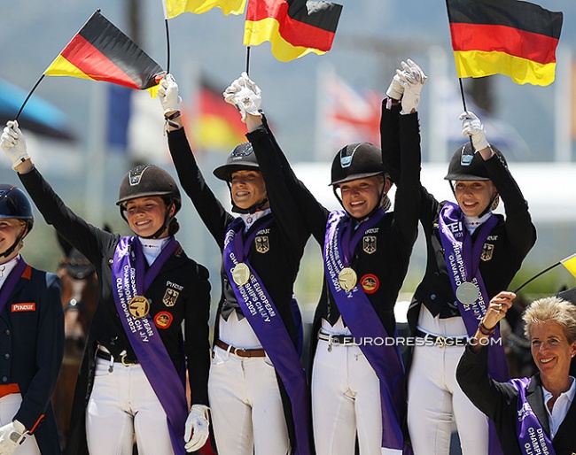 Team Germany (Lang, Baumgurtel, Schwierking, Merkt) win gold at the 2021 European Junior Riders Championships :: Photo © Astrid Appels